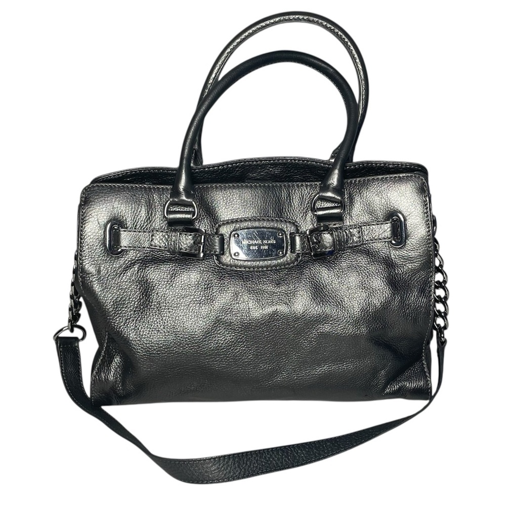 Michael Kors Hamilton Satchel East West Tote Bag Leather Handbag Purse Silver